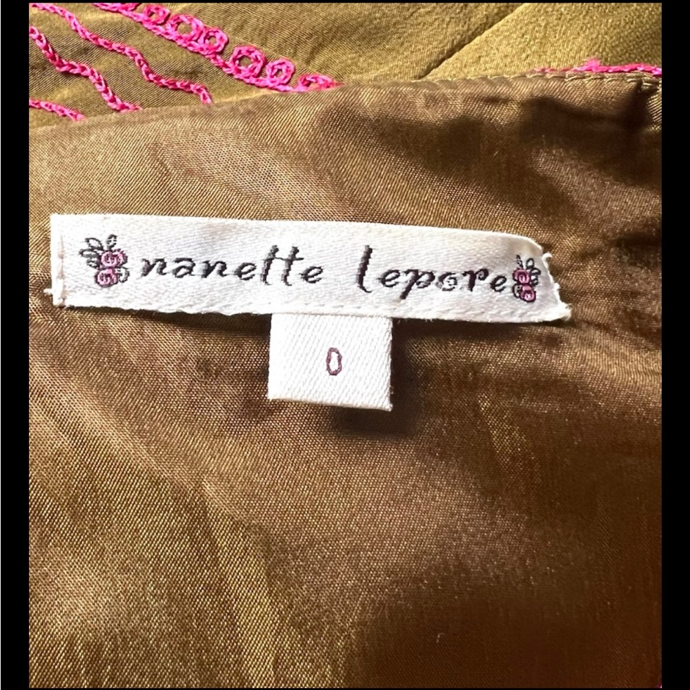 NANETTE LEPORE Dress Embroidered 100% Silk Green Pink Empire Cap Sleeves Sz 0 - Picture 7 of 9